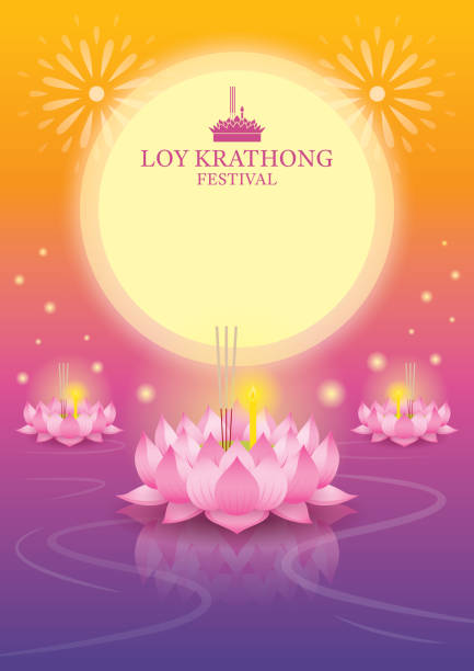 Loy Krathong Festival Full Moon Background, Krathong Made from Lotus Celebration and Culture of Thailand loi krathong stock illustrations