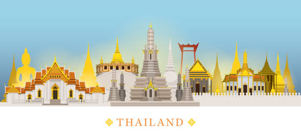 방콕, 태국, 사원, 랜드마크 스카이라인 배경 - asia thailand vacations wat phra kaeo stock illustrations