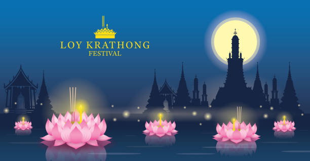 Loy Krathong Festival, Temple Landmark Skyline Background Celebration and Culture of Thailand loi krathong stock illustrations