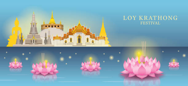 Loy Krathong Festival, Temple Landmark Skyline Background Celebration and Culture of Thailand loi krathong stock illustrations