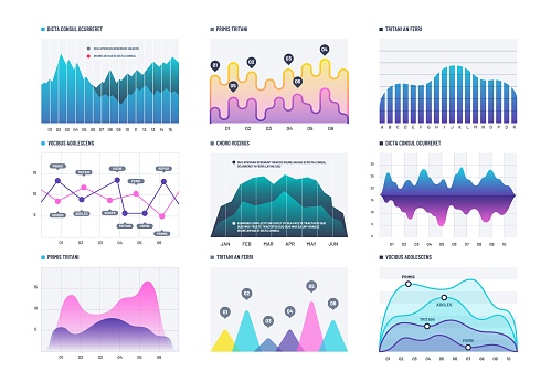 Infographic diagram. Statistics bar graphs, economic diagrams and stock charts. Marketing infographics vector elements. Business chart diagram, graph line curve, wave up and down figure illustration