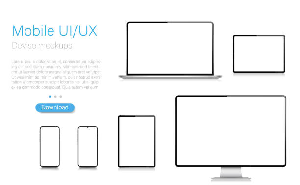 realistische vector mockup digital tablet, handy, smartphone, laptop und computer-monitor. moderne digitale geräte. eps 10. - equipment computer digitally generated image digital tablet stock-grafiken, -clipart, -cartoons und -symbole