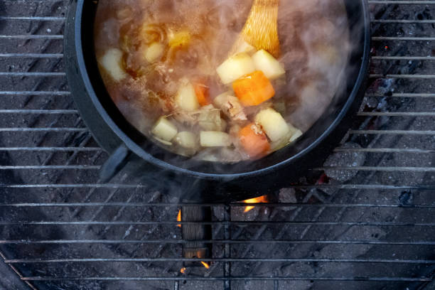 Stew cooked on fire outdoors in a cast-iron pot