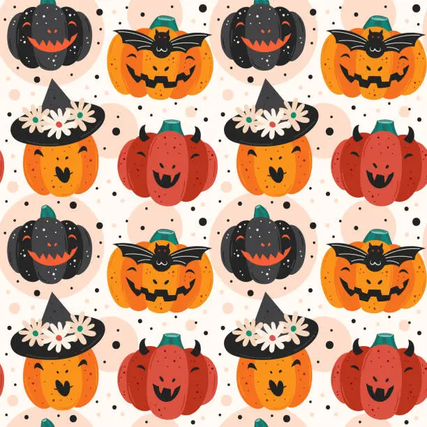 Vector illustration of Spooky pumpkins in scary costumes on dark background. Devil, witch, vampire. Happy Halloween seamless pattern, texture. Packaging design. Flat cartoon vector.