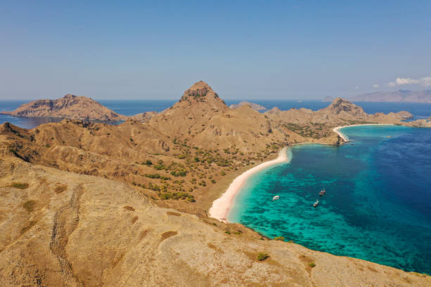 istock Aerial view Pale pink sandy beach with clear waters & reef teeming with tropical fish & some strong currents, called Pink Beach or Long Island located in Komodo National Park, East Nusa Tenggara, Indonesia. 1278920859