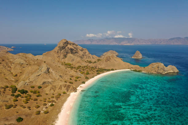 istock Aerial view Pale pink sandy beach with clear waters & reef teeming with tropical fish & some strong currents, called Pink Beach or Long Island located in Komodo National Park, East Nusa Tenggara, Indonesia. 1278920910