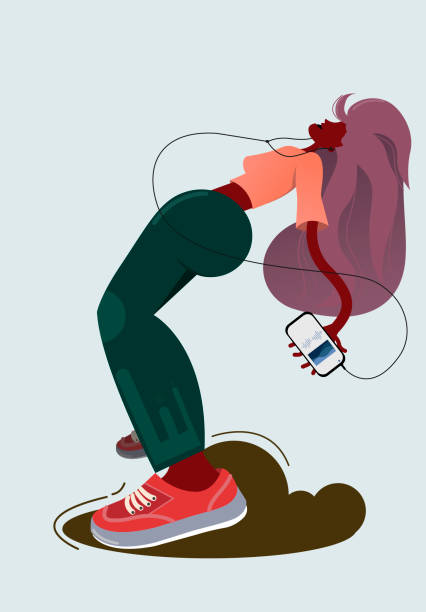 A girl in a bent pose listens to music. vector art illustration