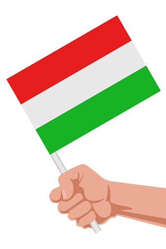 A hand holding flag of Hungary
