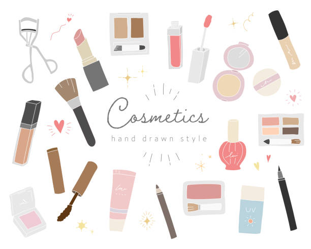 ilustrações de stock, clip art, desenhos animados e ícones de set of cute illustrations of hand drawn cosmetics - make up brush