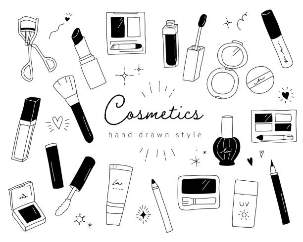 Set of cute illustrations of hand drawn cosmetics Set of cute illustrations of hand drawn cosmetics compact mirror stock illustrations