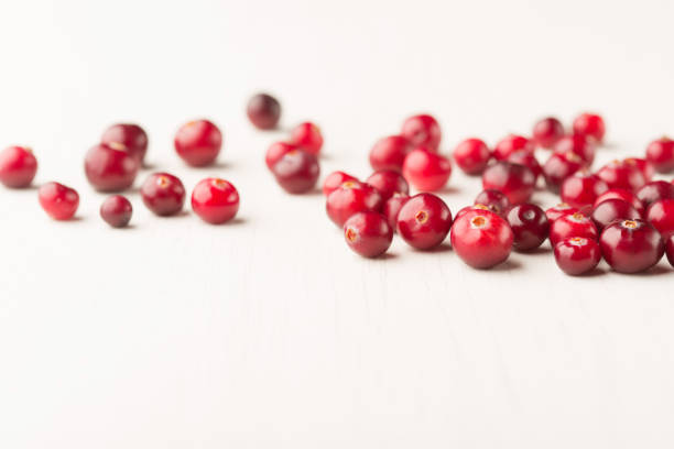 Red cranberry on white background. Healthy food concept. Raw organic fresh Cranberry berries, cowberry or lingonberry on white wooden background. Winter cranberry concept. Healthy lifestyle. bearberry stock pictures, royalty-free photos & images