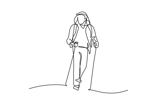 Man hiker Man hiking with backpack and trekking poles in continuous line art drawing style. Nordic walking. Black linear sketch isolated on white background. Vector illustration walking drawings stock illustrations