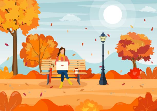 piękny jesienny park miejski - bench park bench park wood stock illustrations