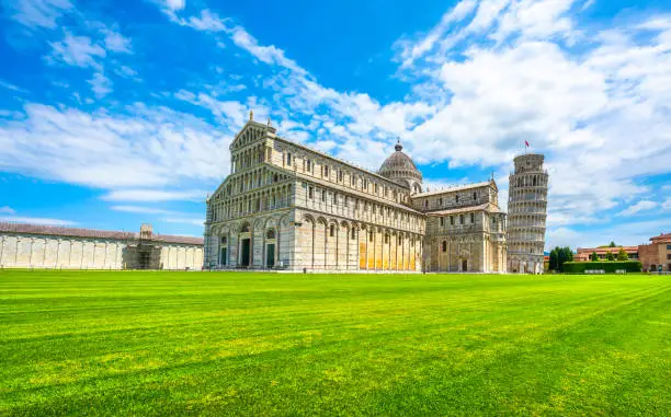 Pisa, Miracle Square view. Cathedral Duomo and Leaning Tower of Pisa. Unesco World Heritage site. Tuscany, Italy, Europe.