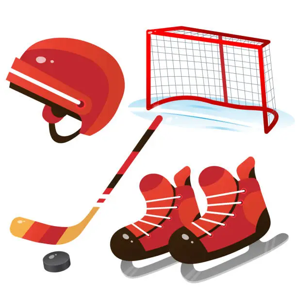 Vector illustration of Hockey set. Color images of cartoon skates with helmet, stick and puck on white background. Sports equipment. Vector illustration for kids.