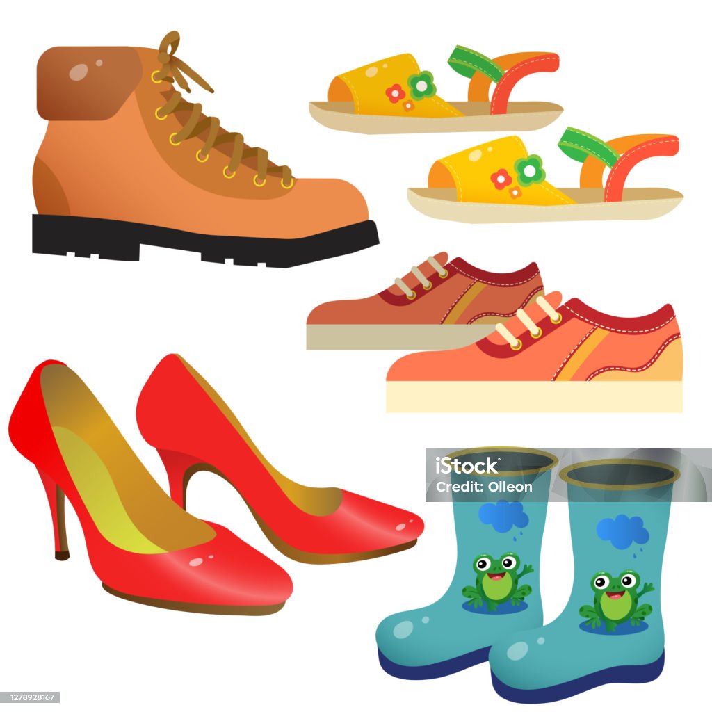 Ilustración de Imagen A Color De Los Zapatos De Dibujos Animados Zapatillas  Deportivas Botas Para Niños Par De Zapatos Para Mujer Sandalias Ropa  Conjunto De Ilustración Vectorial Para Niños y más Vectores