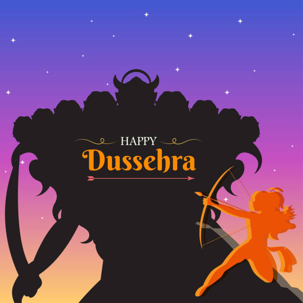 Happy Dussehra, Rama and Ravana silhouette poster, Indian festival banner, vector illustration Happy Dussehra, Rama and Ravana fight silhouette poster, Indian festival banner, vector illustration ravana in happy dussehra stock illustrations