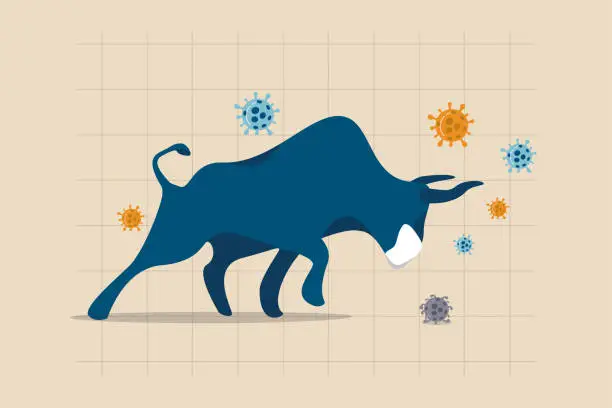 Vector illustration of Bull market in COVID-19 outbreak, stock market recover from Coronavirus crisis or economic stimulus make stock price rising concept, raging bull wearing face mask on chart and graph, virus pathogen.