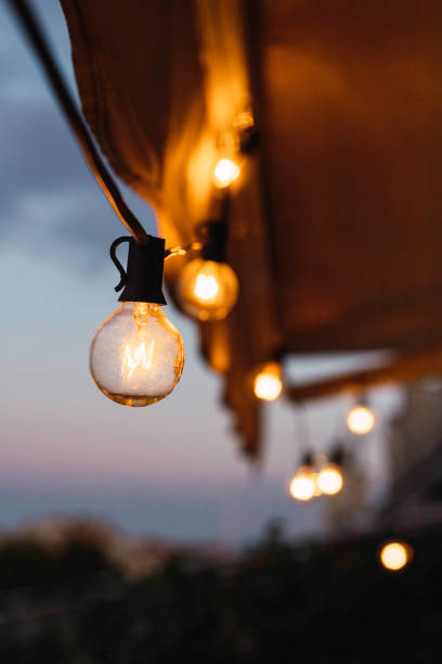 istock Terrace lights on at dusk hanging from an awning 1278932054