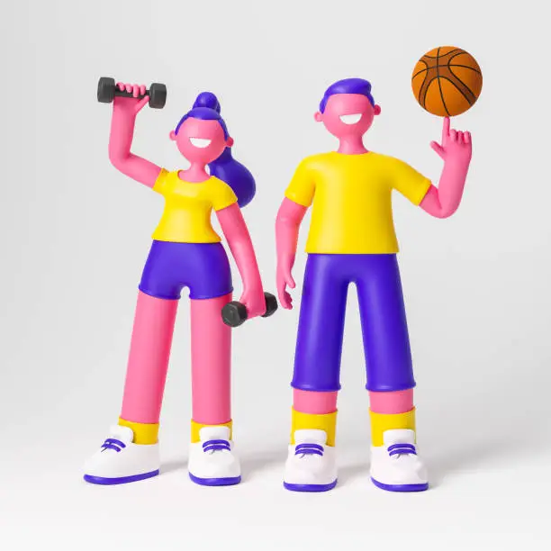 Photo of Cute happy young girl with dumbbells and boy with basketball ball