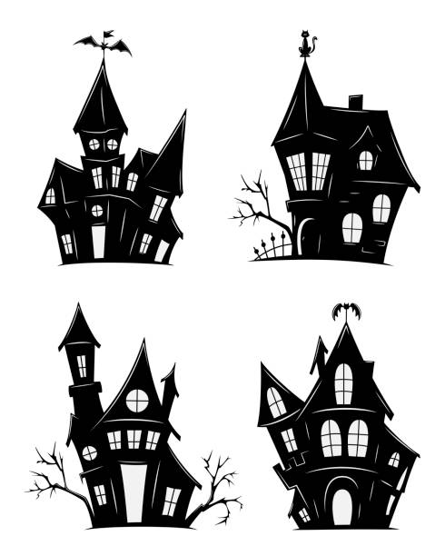 할로윈유령의 집 세트. 무서운 오래된 집의 벡터 실루엣. - haunted house stock illustrations