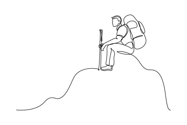 Man backpacker on the top Man traveler with backpack and trekking poles sitting on the top of mountain peak in continuous line art drawing style. Hiking and mountain climbing. Black linear sketch isolated on white background. Vector illustration adventure gear stock illustrations