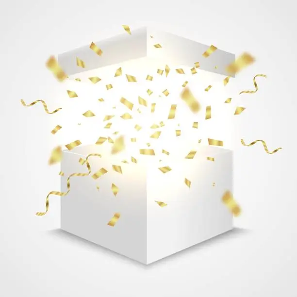 Vector illustration of Open box with golden confetti. Giftbox surprise concept. Vector realistic prize container