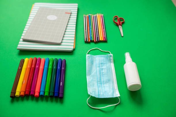 istock School supplies, protective face mask and antiseptic on green background 1278941611
