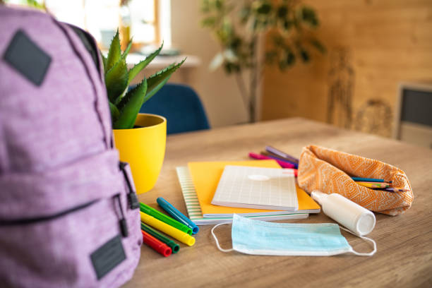 istock School supplies, protective face mask and antiseptic on table at home 1278941720