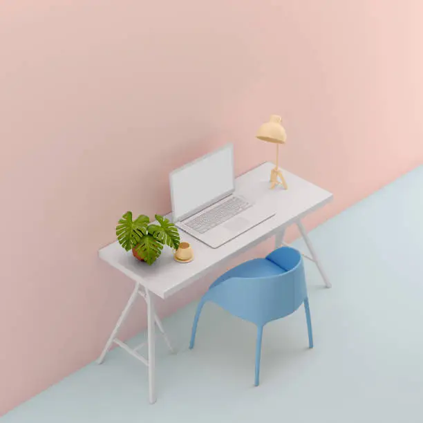 Table with laptop mock up pastel color.Blue chair,yellow lamp,white table on pink background.Isomatric3d rendering
