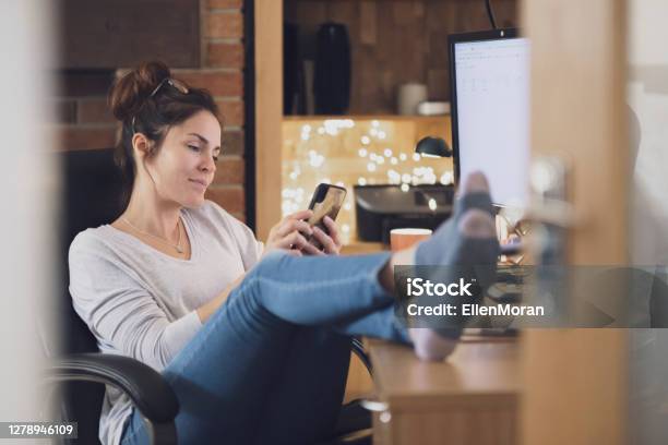Home Office Coffee Break Stock Photo - Download Image Now - One Woman Only, Relaxation, Smart Phone