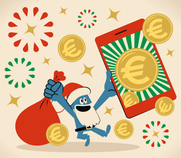 ilustrações, clipart, desenhos animados e ícones de o sorridente papai noel azul está segurando um saco e um smartphone com moeda da união europeia (moeda de sinal de euro); feliz natal e saudação de ano novo - european union coin european union currency euro symbol coin