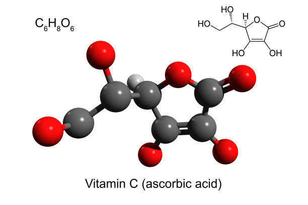 chemical formula, structural formula and 3d ball-and-stick model of vitamin c (ascorbic acid), white background - hydrogen molecule white molecular structure imagens e fotografias de stock