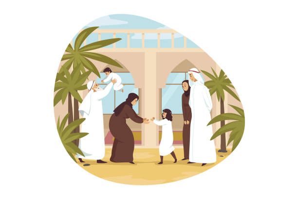 Family, love, holiday, fatherhood, childhood, meeting, motherhood concept Love, holiday, fatherhood, childhood, meeting, motherhood concept. Young man arab husband muslim woman wife giving children kids son daughter to grany and grandfather. Family recreation illustration. muslim family stock illustrations