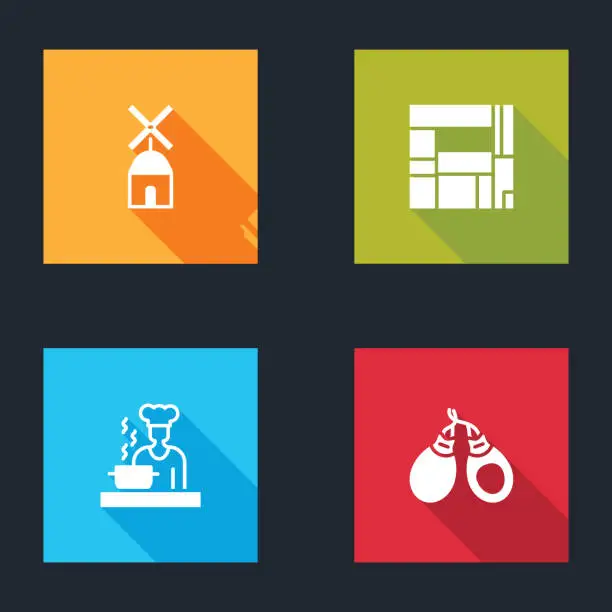 Vector illustration of Set Windmill, House Edificio Mirador, Spanish cook and Castanets icon. Vector