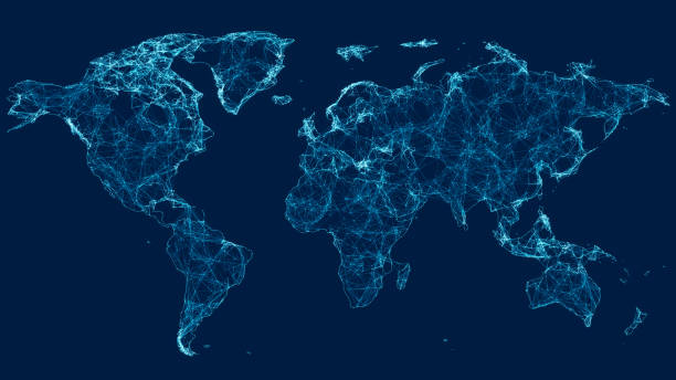 World Map With Connections Abstract digital world map with connections.
World map derived from NASA: https://visibleearth.nasa.gov/images/74218 global finance photos stock pictures, royalty-free photos & images