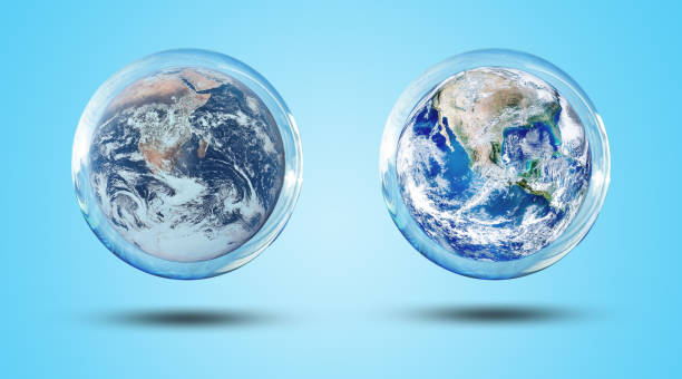 istock Ecology and Environment Concept : Blue planet earth in water bubble that floating over blue background. 1278951282