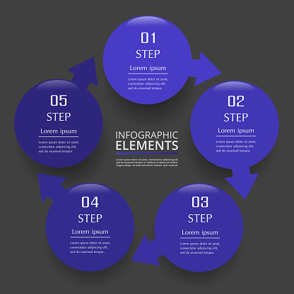 Infographic design elements for your business data with 5 options, parts, steps or processes on dark grey background.
