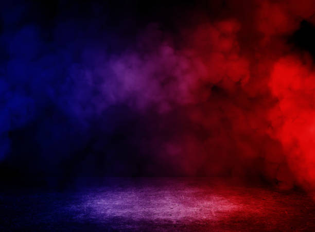 istock Studio dark room with fog or mist and lighting effect red and blue on concrete floor grunge texture background. 1278951497