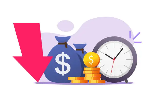 Vector illustration of Inflation money time concept vector icon flat cartoon illustration, cash savings value crisis risk, long period term financial bad investment, loss income or profit revenue, economy recession