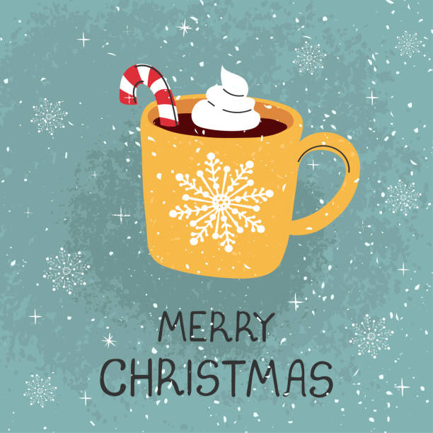Seamless background with colorful hand draw illustration of mug with cocoa and Christmas cane Vector modern greeting card with colorful hand draw illustration of mug with cocoa and Christmas cane. Merry christmas. For design poster, card, banner, t-shirt print, invitation, greeting card mug illustrations stock illustrations
