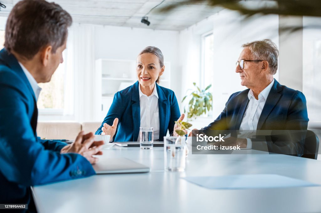 Senior business people during meeting Senior businesswoman and businessmen wearing elegant suits sitting at the table in the office and discussing during business meeting. Corporate Governance Stock Photo
