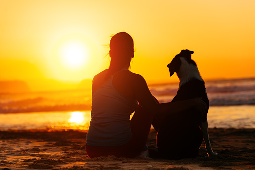 Relaxed woman and dog enjoying summer sunset or sunrise over the sea sitting on the sand at the beach.