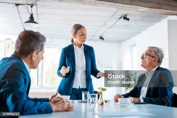 Senior Businesswoman Talking With Shareholders Stock Photo - Download Image Now - Corporate Governance, 65-69 Years, 70-79 Years