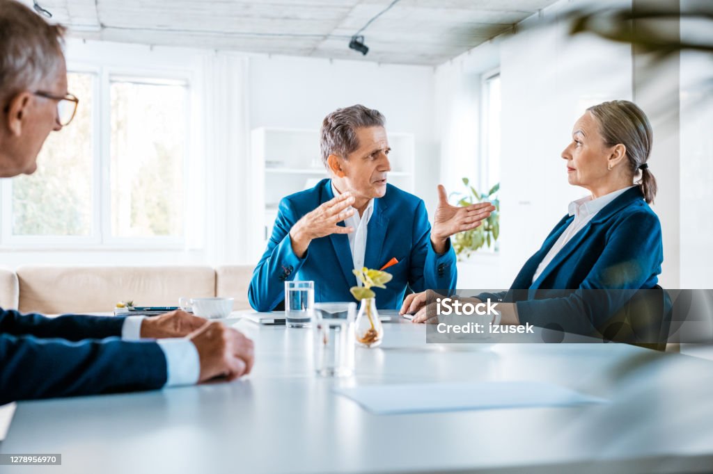 Shareholders during business meeting Senior businesswoman and businessmen wearing elegant suits sitting at the table in the office and discussing during business meeting. Meeting Stock Photo