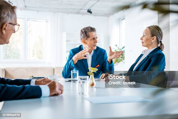 Shareholders During Business Meeting Stock Photo - Download Image Now - Meeting, Navy Blue, Suit