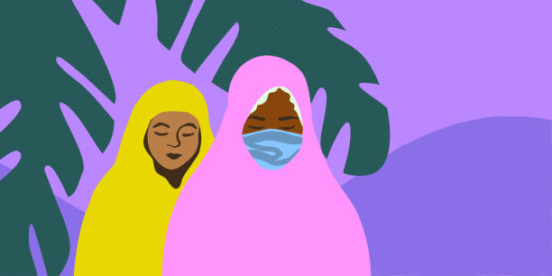 Two young veiled Muslim girls wearing mask and head covering Two young Muslim women wearing protective mask and yellow and pink hijab/khimar. Fully editable vector illustration. dark pink dress stock illustrations