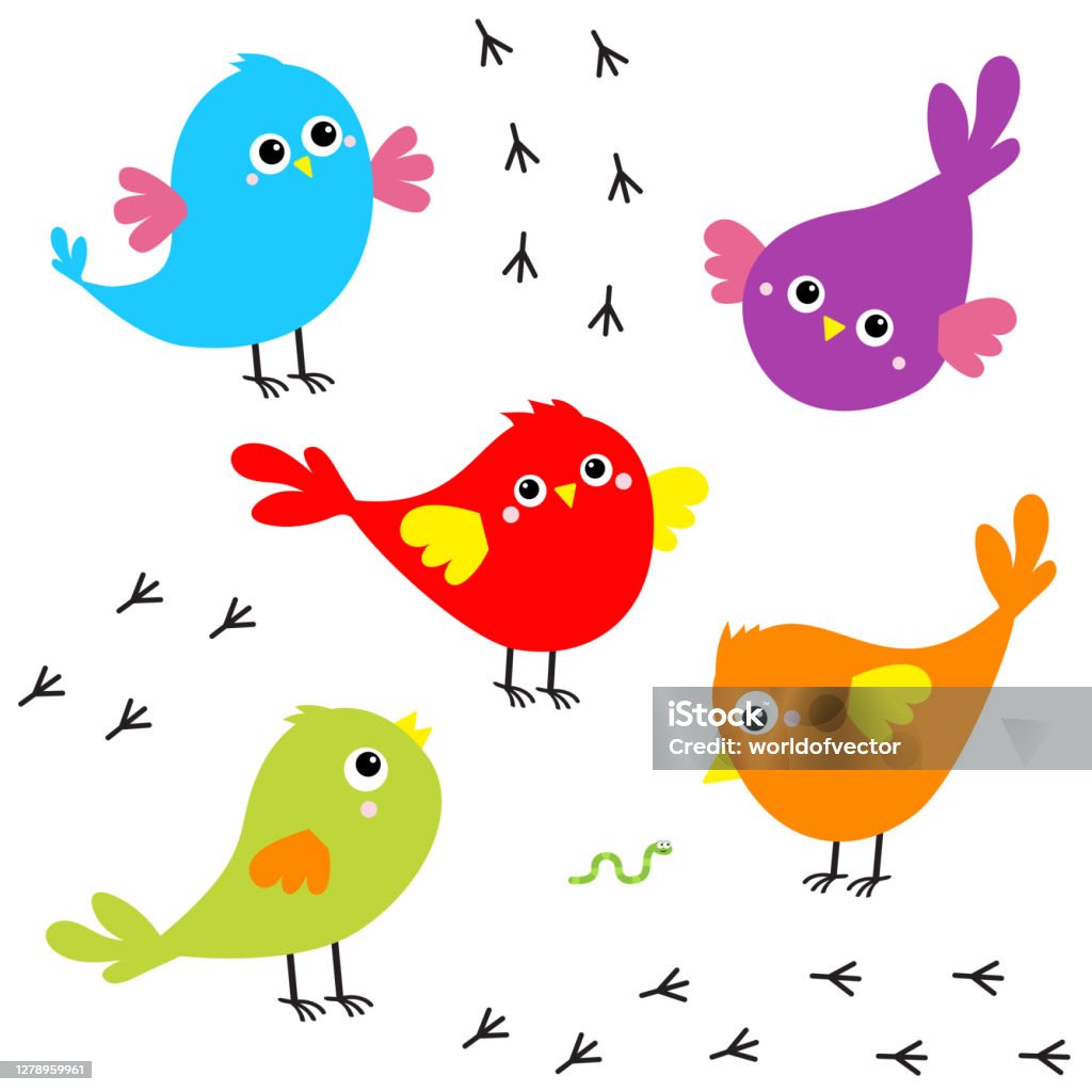 Bird Icon Set Toe Trail Trace Sign Track Cute Cartoon Kawaii Colorful  Character Birds Baby Collection Decoration Element Singing Song Worm Insect  Music Note Flat Design White Background Stock Illustration - Download