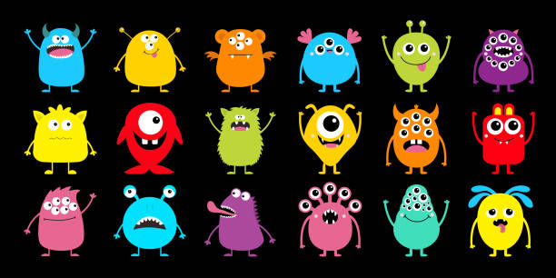 Monster Icon Big Set Happy Halloween Cute Kawaii Cartoon Colorful Scary  Funny Character Eyes Tongue Hands Horns Fang Teeth Funny Baby Collection  Black Background Isolated Flat Design Stock Illustration - Download Image