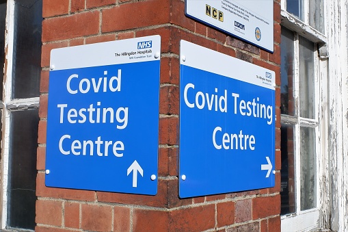 Northwood, London, England, UK - October 7th 2020: Sign to Covid Testing Centre at Mount Vernon Hospital, Hillingdon